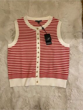 Adrianna Papell Red and White Knit Sleeveless Button Cardigan